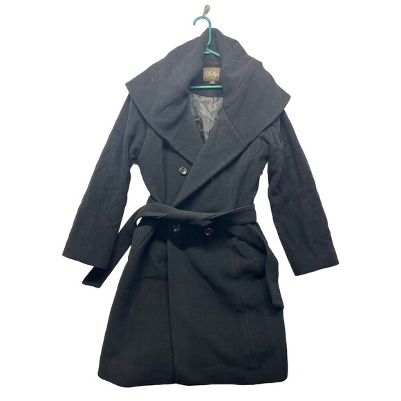 COLE HAAN Wool Blend Pea Coat Black Belted Size 8 Women’s Shawl Collar Cashmere - Picture 1 of 4
